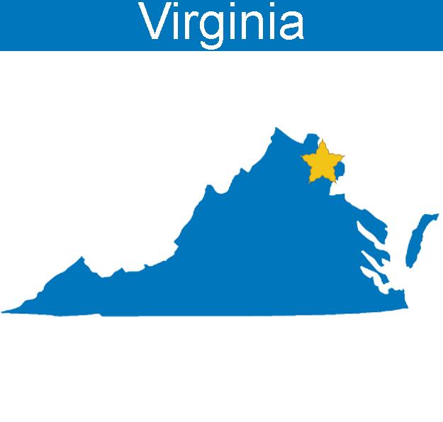 Graphic map of Virginia in blue with yellow star