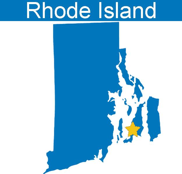 Blue graphic map of Rhode Island with yellow star