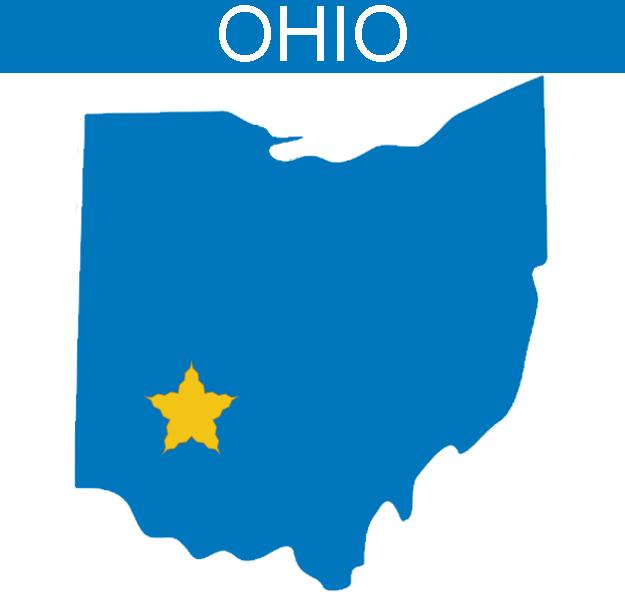 Blue graphic map of Ohio with yellow star