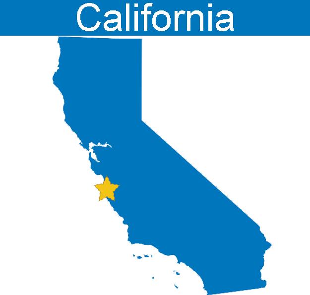 Blue graphic map of California with yellow star